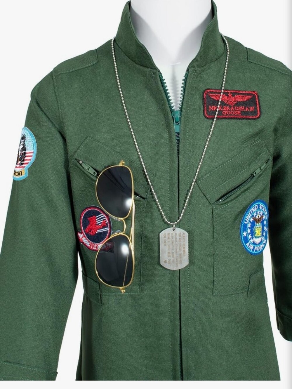 Kids Green Aviator Pilot Costume Jumpsuit with Sunglasses, Dog Tag & Belt - Picture 6 of 16